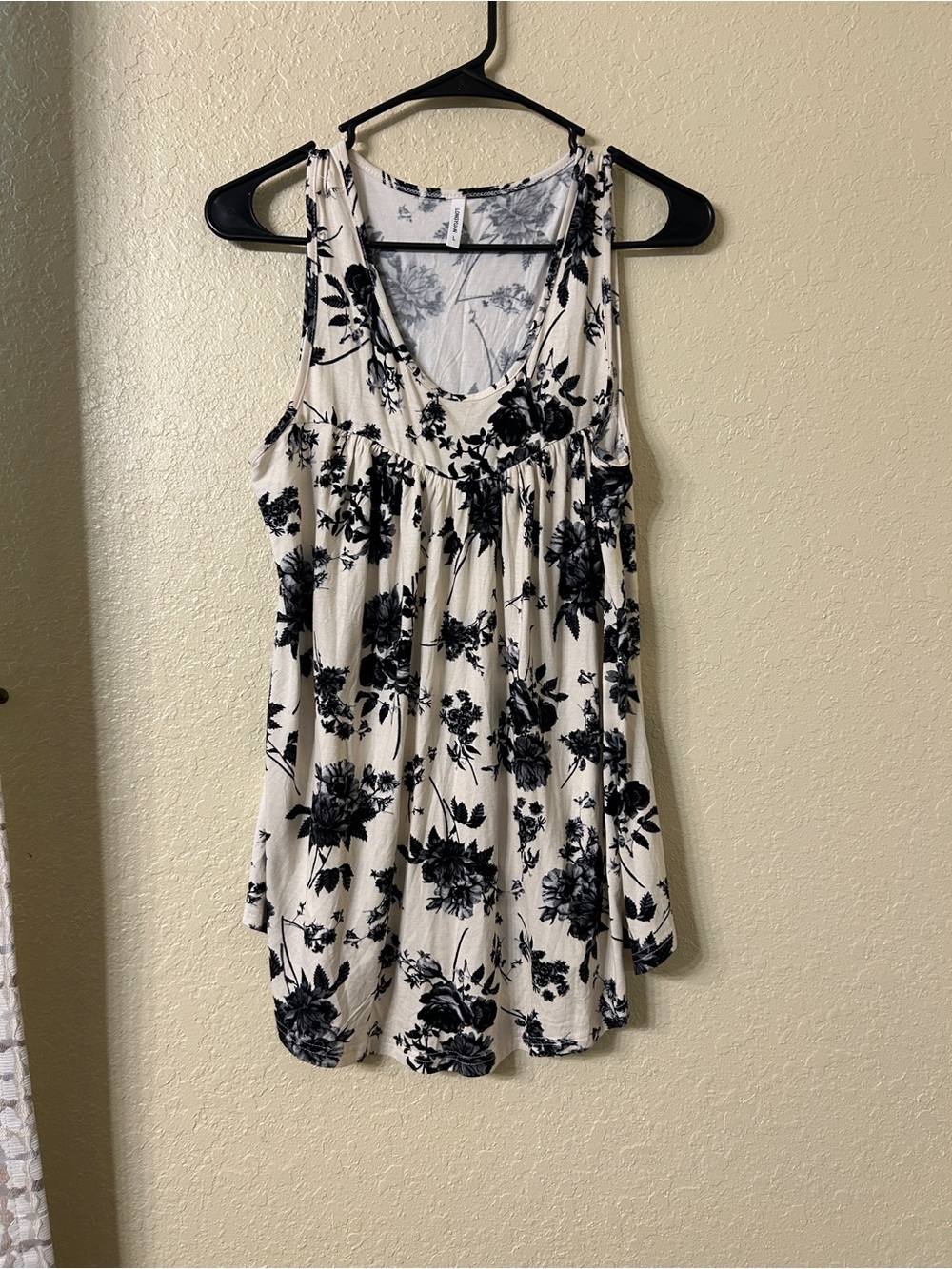 LONGYUAN Floral Scoop Neck Tunic Tank Top Cream Black Large EUC- L62